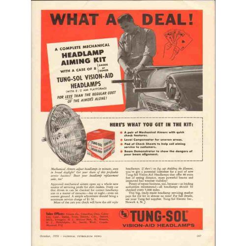 TUNG-SOL ELECTRIC INC 1956 mechanical headlamp aiming kit vintage ad