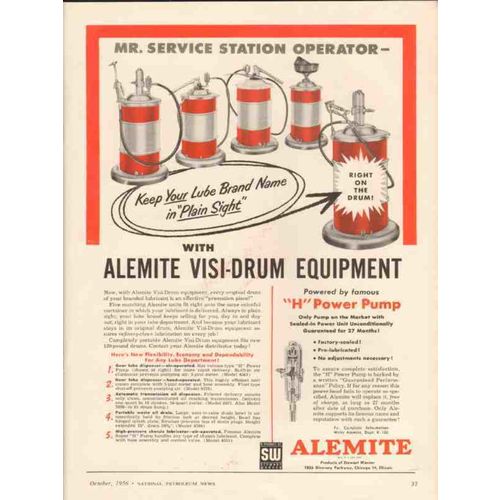 STEWART WARNER 1956 Alemite visi-drum service station lube vintage ad