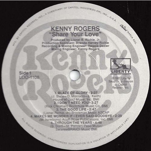 Liberty #LOO-1108 Kenny Rogers "Share Your Love" LP produced by Lionel Ritchie