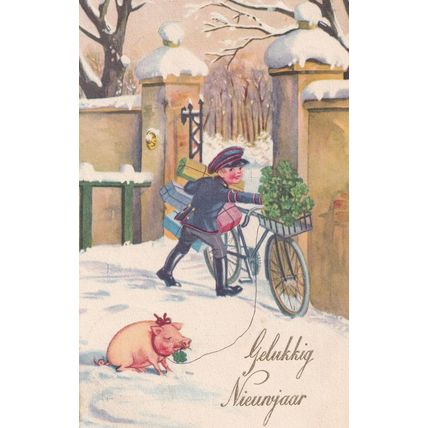 Dutch Holland Child Postman With Pig On Lead Happy New Year Antique Postcard