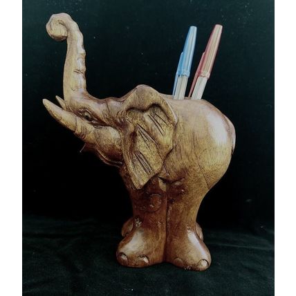Elephant Pen Holder Carved Wood Desk Top Ornament