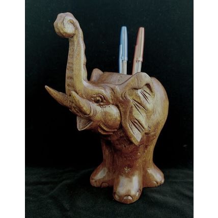 Elephant Pen Holder Carved Wood Desk Top Ornament