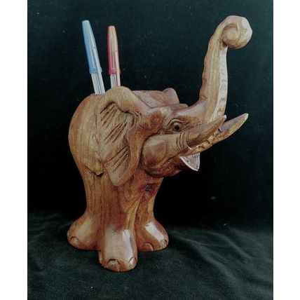 Elephant Pen Holder Carved Wood Desk Top Ornament