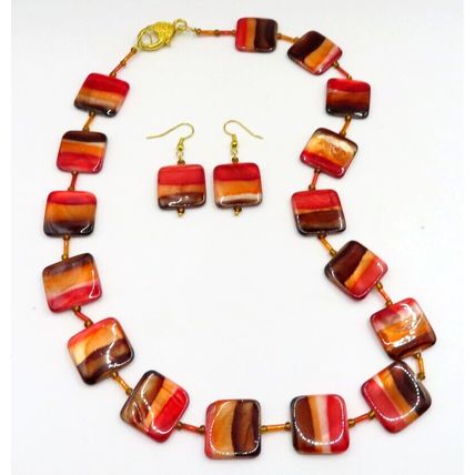 Orange, Red & Brown Shell Necklace & Drop Earring Set Handmade Gift Christmas