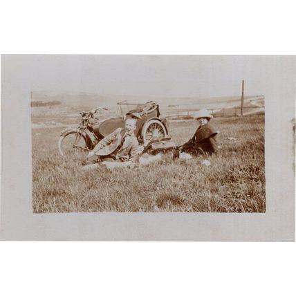 Bike Riders Posing at River Farm Field Antique Motorcycle RPC Postcard