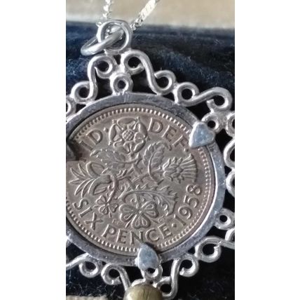 Antique Vintage 1958 Silver Queen Elizabeth II Coin Pendant on 18 inch Chain