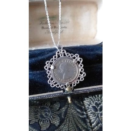 Antique Vintage 1958 Silver Queen Elizabeth II Coin Pendant on 18 inch Chain