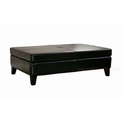 Black / Brown Leather Cocktail Storage Ottoman Rectangle Wide Bench Coffee Table