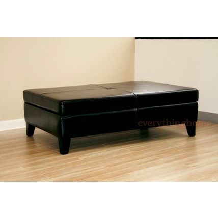 Black / Brown Leather Cocktail Storage Ottoman Rectangle Wide Bench Coffee Table