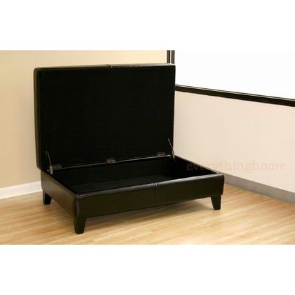 Black / Brown Leather Cocktail Storage Ottoman Rectangle Wide Bench Coffee Table