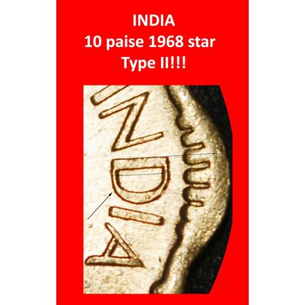 Ⰶ LIONS (1968-1971): INDIA★10 PAISE 1968 STAR! TYPE II! UNC★LOW START★NO RESERVE