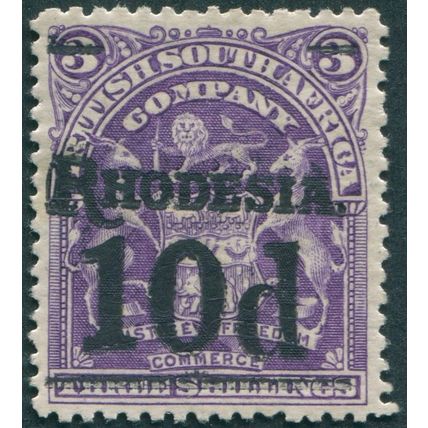 Rhodesia 1909 10d on 3s deep violet SG117 unused