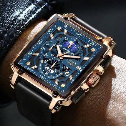 Gents Large Luxury Blue Square Chronograph Date Black Silicone Strap Watch Boxed