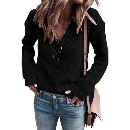 Black Ribbed Knit V Neck Sweater
