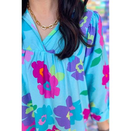 Light Blue Plus Size Floral Print Notched V Neck Babydoll Blouse