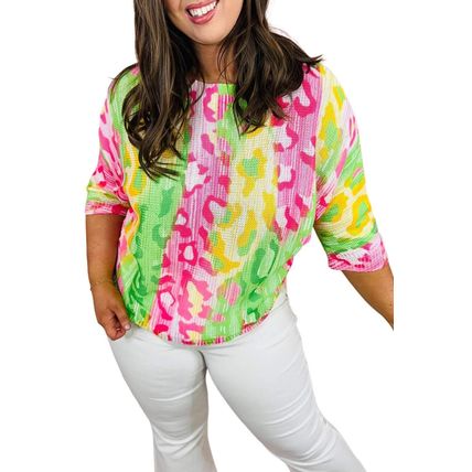Multicolour Leopard Color Block Knitted Crewneck Plus Size T Shirt