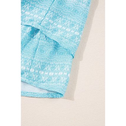 Sky Blue Tribal Pattern Print Ruffled Wide Straps Loose Tank Top