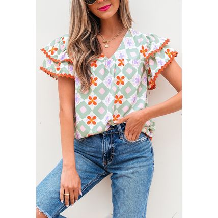 Green Geometric Floral Print Layered Flutter Sleeve V Neck Ric Rac Trim Blouse