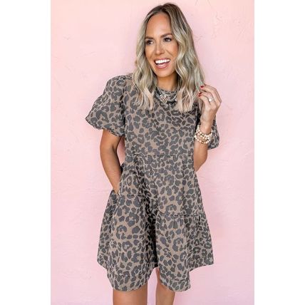 Brown Denim Leopard Printed Short Puff Sleeve Mini Dress
