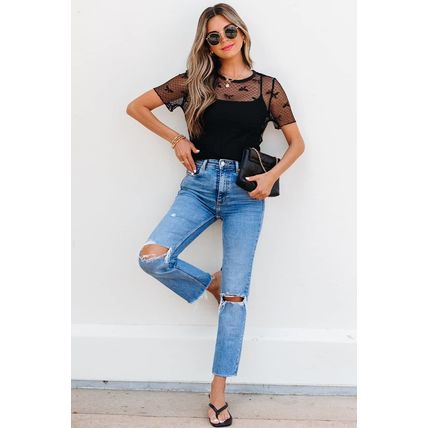 Black Bow Knot Dotted See-through Mesh Patched Slim Fit Blouse