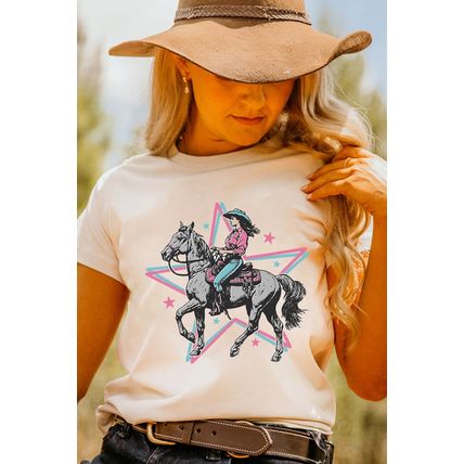 White Star Cowgirl Graphic Round Neck T Shirt