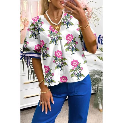 White Floral Colorblock Stripe Knot Bubble Sleeve V Neck Blouse