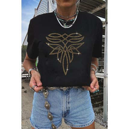 Black Rhinestone Western Pattern Cotton Blend Graphic T Shirt
