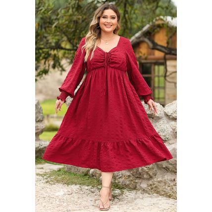 Fiery Red Lace-up Ruched Front Long Sleeve Ruffle Hem Plus Size Midi Dress