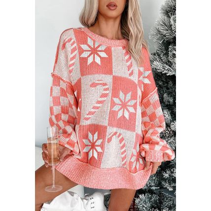 Pink Candycane Snowflake Checker Christmas Holiday Drop Shoulder Tunic Loose Swe