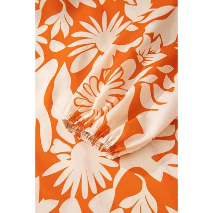 Orange Floral Print Knotted Open Back Long Sleeve Blouse