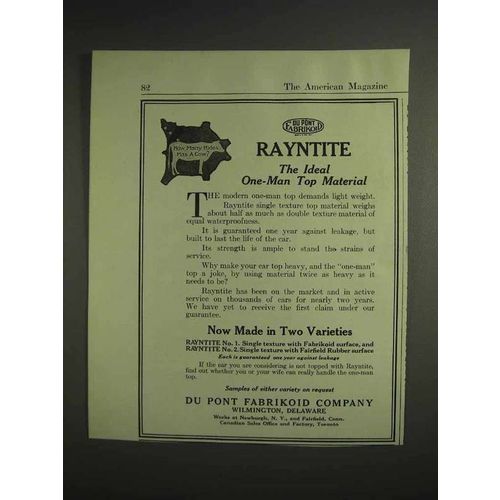 1917 Du Pont Rayntite Ad - Ideal One-Man Top Material