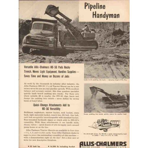 ALLIS-CHALMERS 1955 HD-5G pipeline handyman tractor shovel vintage ad