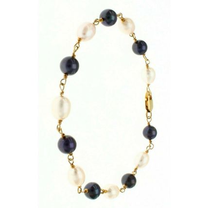 Genuine Black & White Pearl Bead Bracelet Real Solid 14K Yellow Gold 8 Inch Long