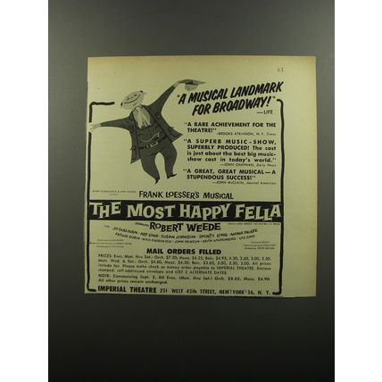 1956 The Most Happy Fella Musical Play Ad - A Musical Landmark for Broadway