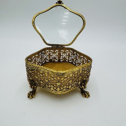 French Beveled Glass Gold Filigree Ormolu Jewelry Casket Box Claw Foot Vintage