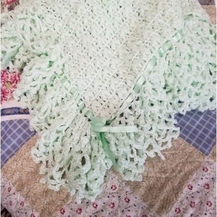 Vintage Handmade Crochet Baby Blanket + Mint + Ribbon
