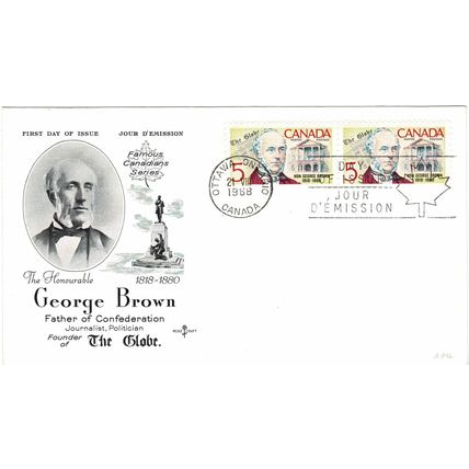 CANADA 1968 150TH BIRTH ANN GEORGE BROWN PAIR ROSE CRAFT FIRST DAY COVER