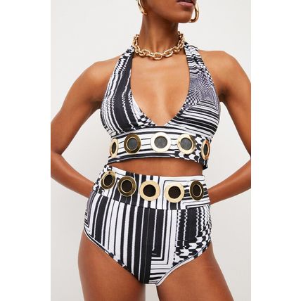 KAREN MILLEN Eyelet Trim Plunge Neck Graphic Bikini Top and Bottom Set BNWT