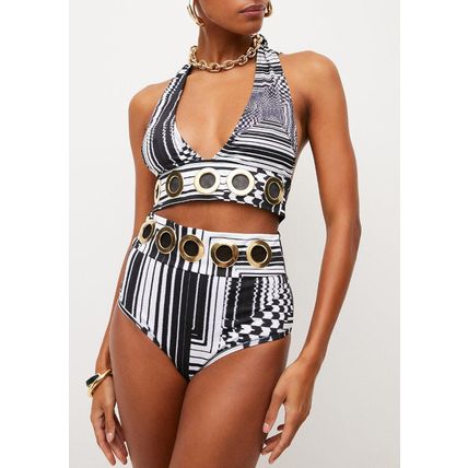 KAREN MILLEN Eyelet Trim Plunge Neck Graphic Bikini Top and Bottom Set BNWT