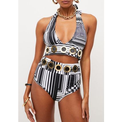 KAREN MILLEN Eyelet Trim Plunge Neck Graphic Bikini Top and Bottom Set BNWT