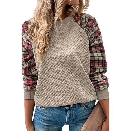 Apricot Plaid Raglan Sleeve Sweatshirt