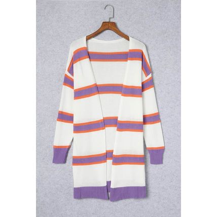 Beige Striped Long Sleeve Ribbed Trim Button Cardigan