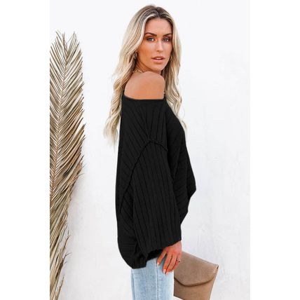 Black Exposed Seam Ribbed Knit Dolman Top
