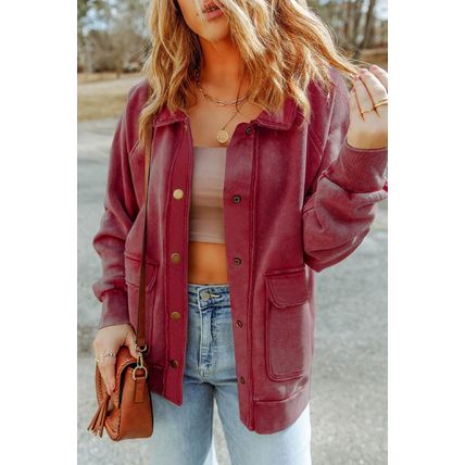 Red Vintage Washed Flap Pocket Button Shacket