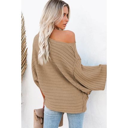 Brown Exposed Seam Ribbed Knit Dolman Top