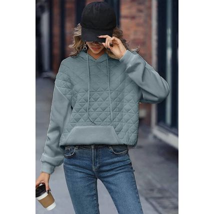 Light Grey Drop Shoulder Quilted Patchwork Kangaroo Pocket Hoodie