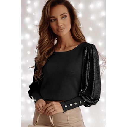 Black Buttoned Cuffs Shiny Puff Sleeves Top