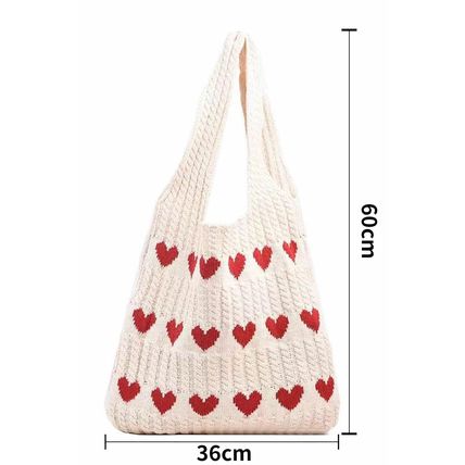 Apricot Heart Pattern Knit Large Shoulder Bag