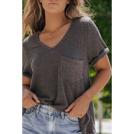 Carbon Grey Twist Short Sleeve Corded V Neck Top