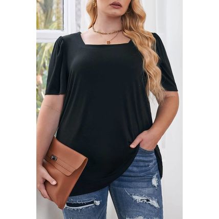 Black Plus Size Square Neck Ruched Shoulder Short Sleeve Top